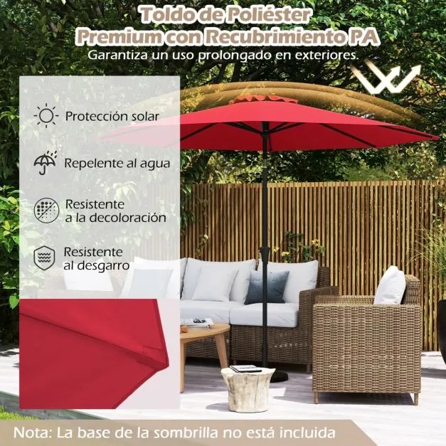 Guarda-sol 303 cm com mecanismo de inclinação de 25° e manivela, 8 varetas reforçadas para terraço, sem base, vermelho cor vinho