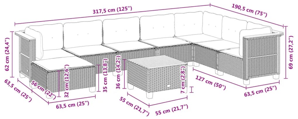 9 pcs conjunto sofás p/ jardim com almofadões vime PE cinzento
