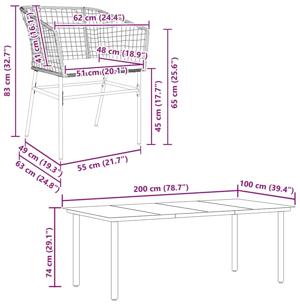 Conjunto jantar jardim 7 peças almofadas vidro vime PE castanho