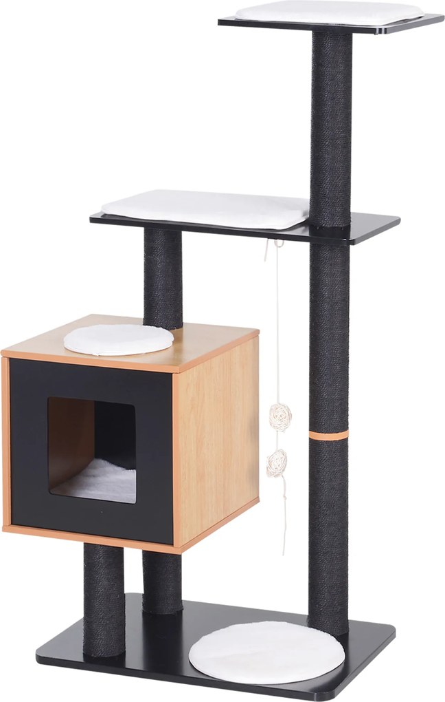 Arranhador para gatos com design contemporâneo 71,5 x 49,5 x 120 cm, sisal natural, centro de atividades, compartimentos abertos, plataformas de brinc