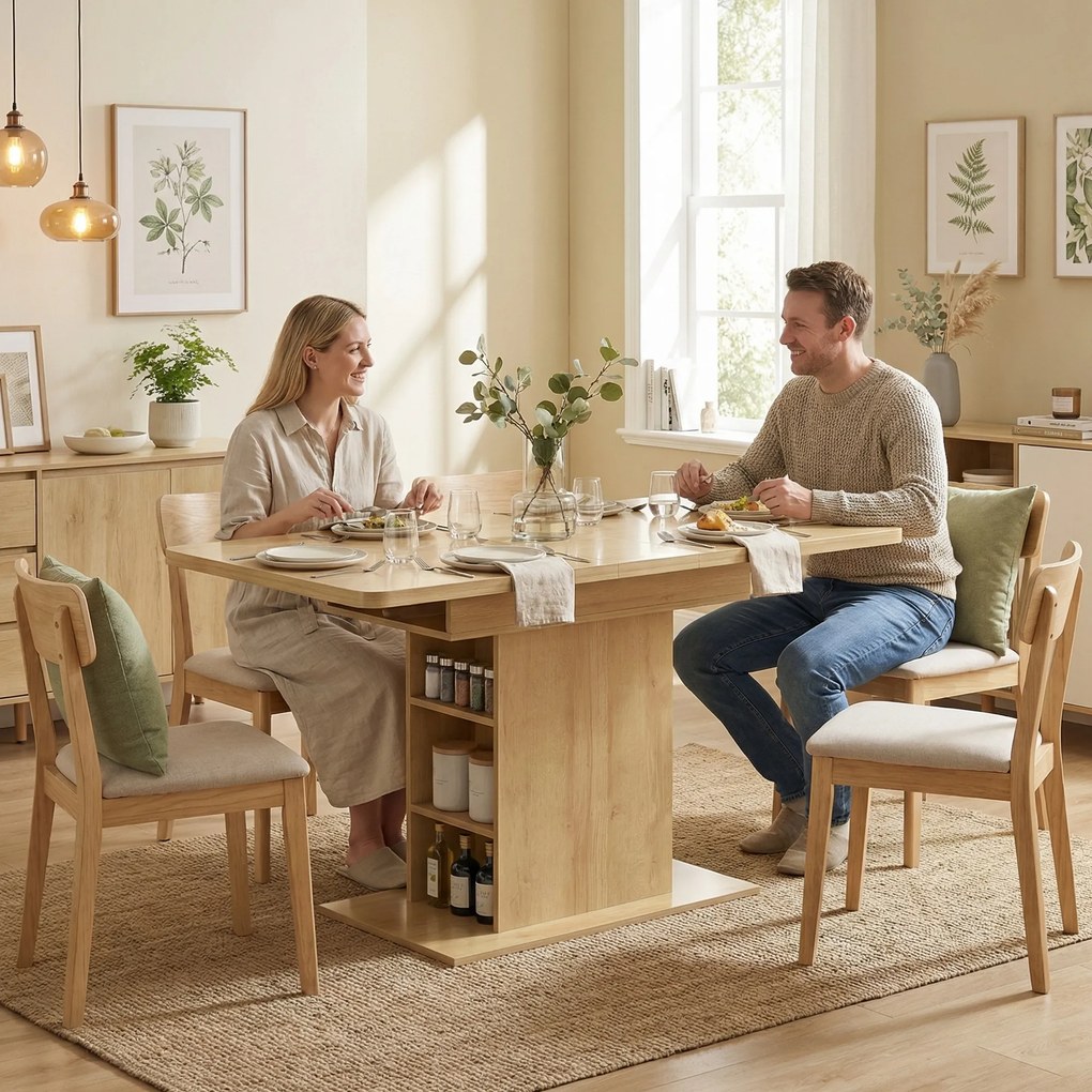 Mesa de jantar retangular extensível para 4 a 6 pessoas 110-130 cm, (BANCOS E CADEIRAS NÃO INCLUIDAS) com 6 prateleiras abertas, efeito madeira natura