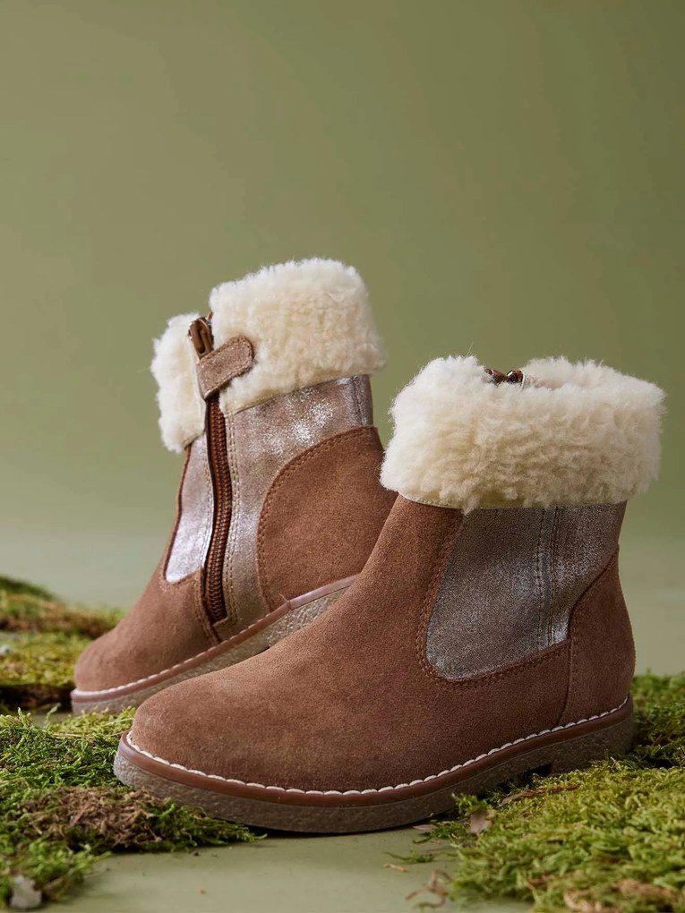 Botas em pele, com forro em pelo e fecho, para menina camelo