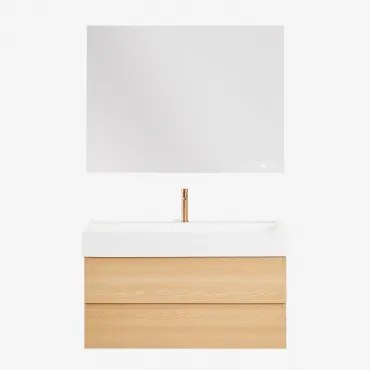 Conjunto De Móvel De Casa De Banho Suspenso Em Madeira E Folha De Freixo Com Lavatório Integrado Ona Madeira Natural & Retangular - Sklum