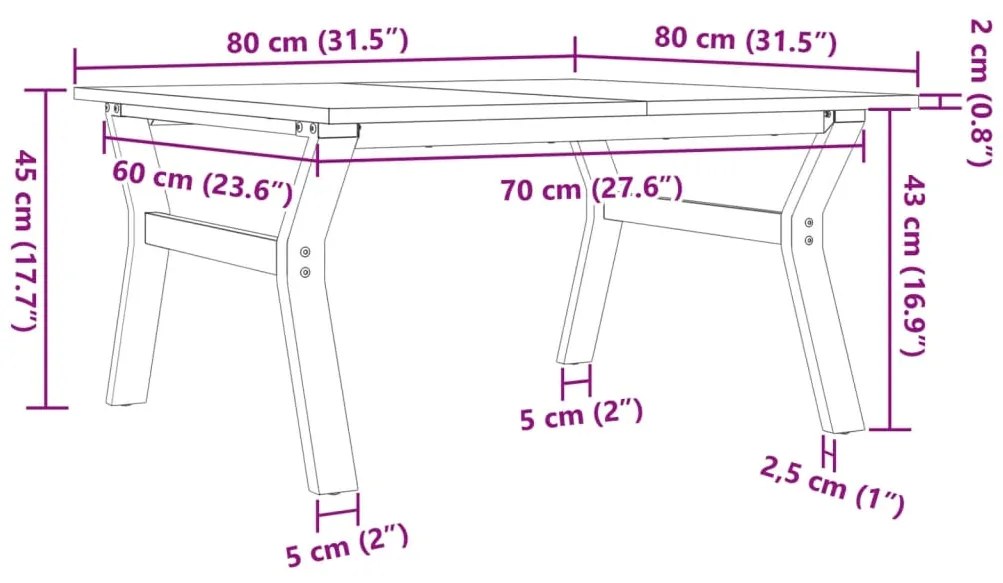 Mesa de centro estrutura em Y 80x80x45 cm pinho e ferro fundido