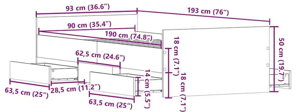 Estrutura de cama sem colchão 90x190cm derivados de madeira