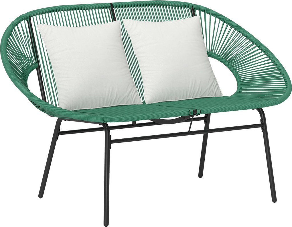 Outsunny Banco de Jardim 2 Lugares em Aço e Corda de Resina com 2 Almofadas 132x72x83 cm Verde Escuro | Aosom Portugal
