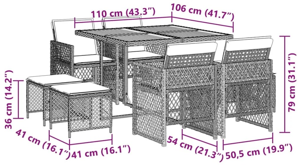 9 pcs conjunto de jantar p/ jardim c/ almofadões vime PE preto