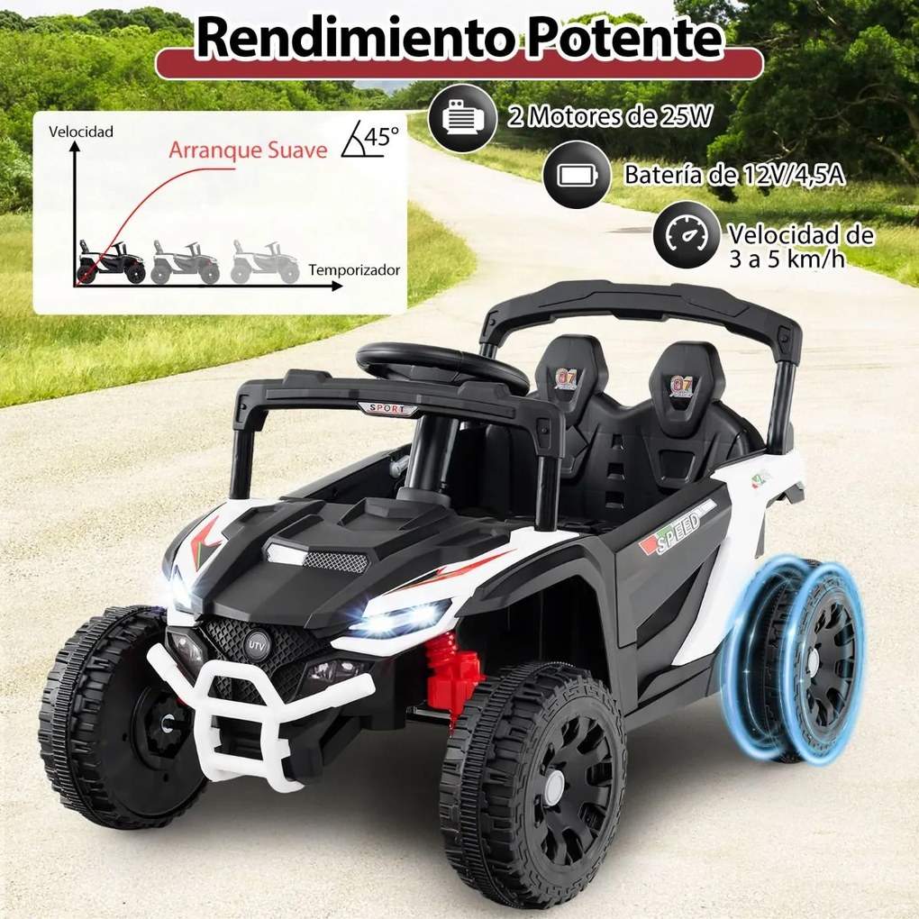 Carro elétrico infantil de 12 V, com comando à distância, 3 velocidades, luzes LED, música, buzina, veículo a bateria para crianças, Branco