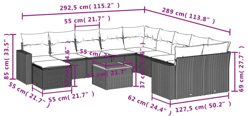 12 pcs conjunto de sofás jardim c/ almofadões vime PE cinzento