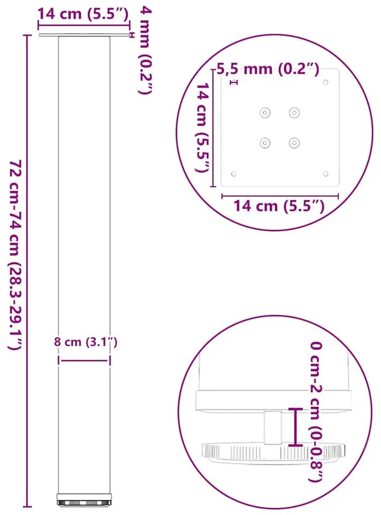 Pés de mesa de console 4 peças aço natural 72-74 cm aço
