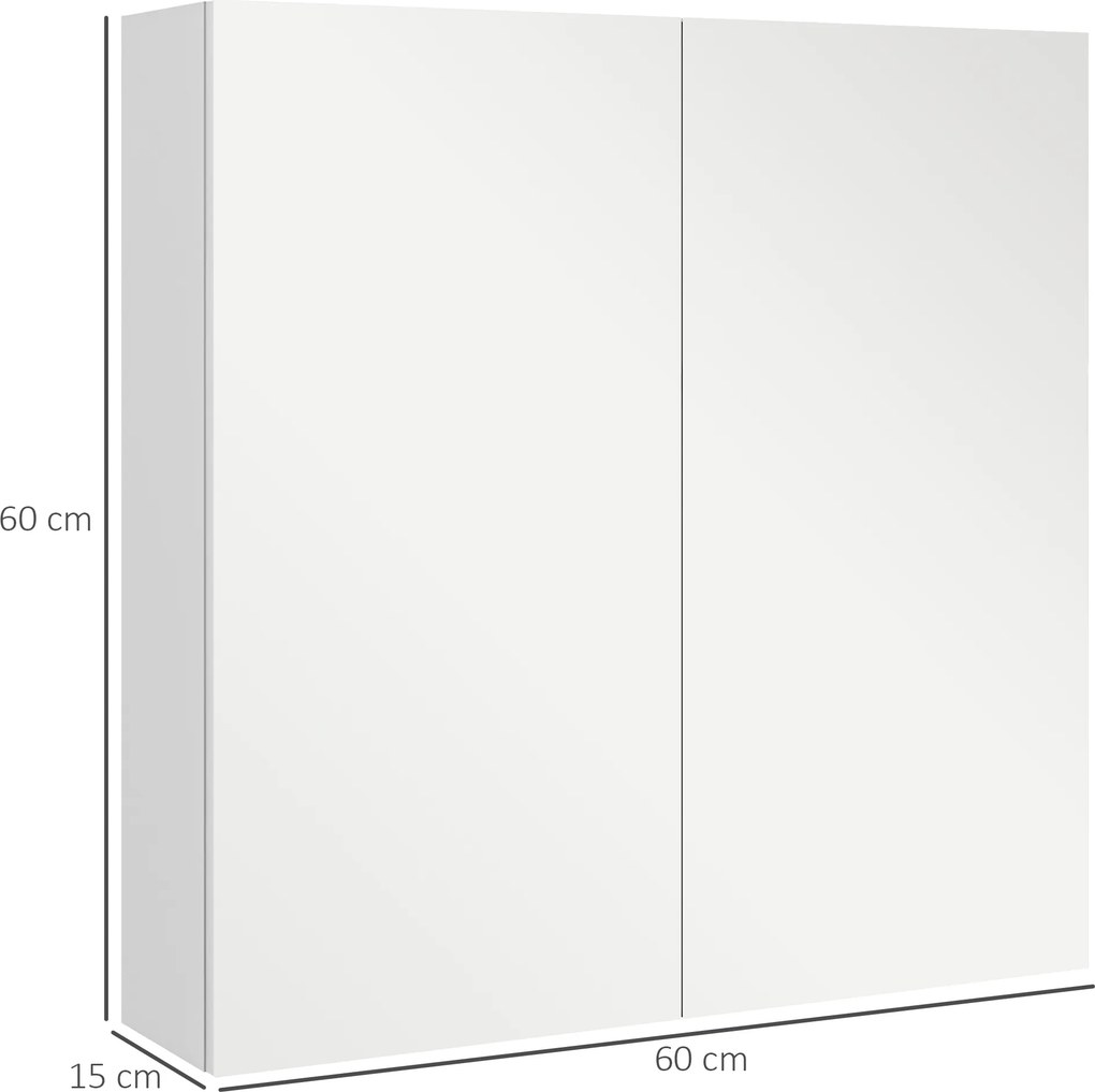 Armário de parede para casa de banho com espelho 60 x 15 x 60 cm, armário de arrumação com 2 portas e 3 níveis, prateleira ajustável, branco