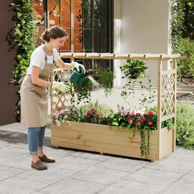 Floreira de jardim elevada com treliça, teto suspenso e drenagem madeira para trepadeiras e flores 148 x 50 x 103 cm Natural