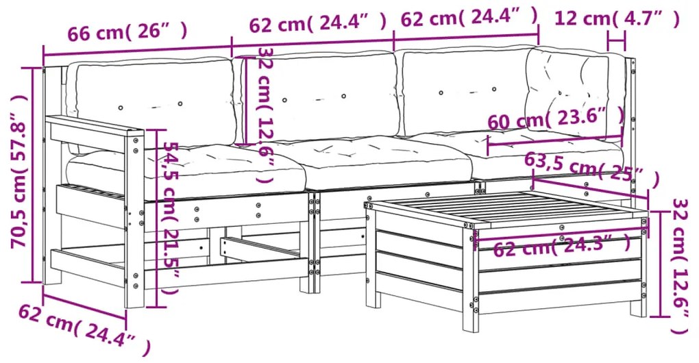4 pcs conjunto lounge de jardim c/ almofadões pinho impregnado