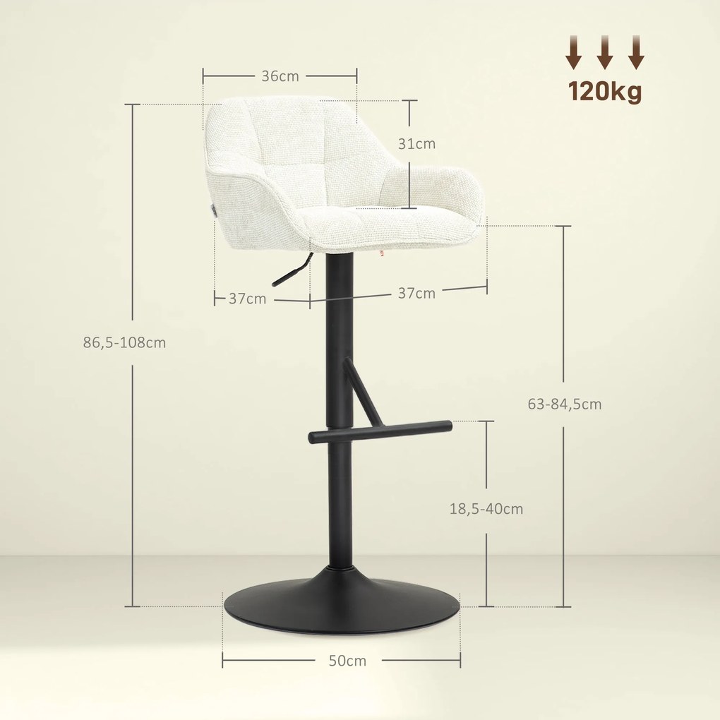 Conjunto de 2 bancos de bar com altura ajustável 52,5 x 53 x 86,5-108 cm, estofos com efeito de linho e base em aço  cor creme