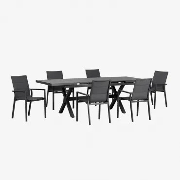 Conjunto De Mesa De Jardim Extensível Retangular 180-240x90 Cm E 6 Cadeiras De Jardim Empilháveis Com Braços De Alumínio Karena Cinza Grafito - Sklum
