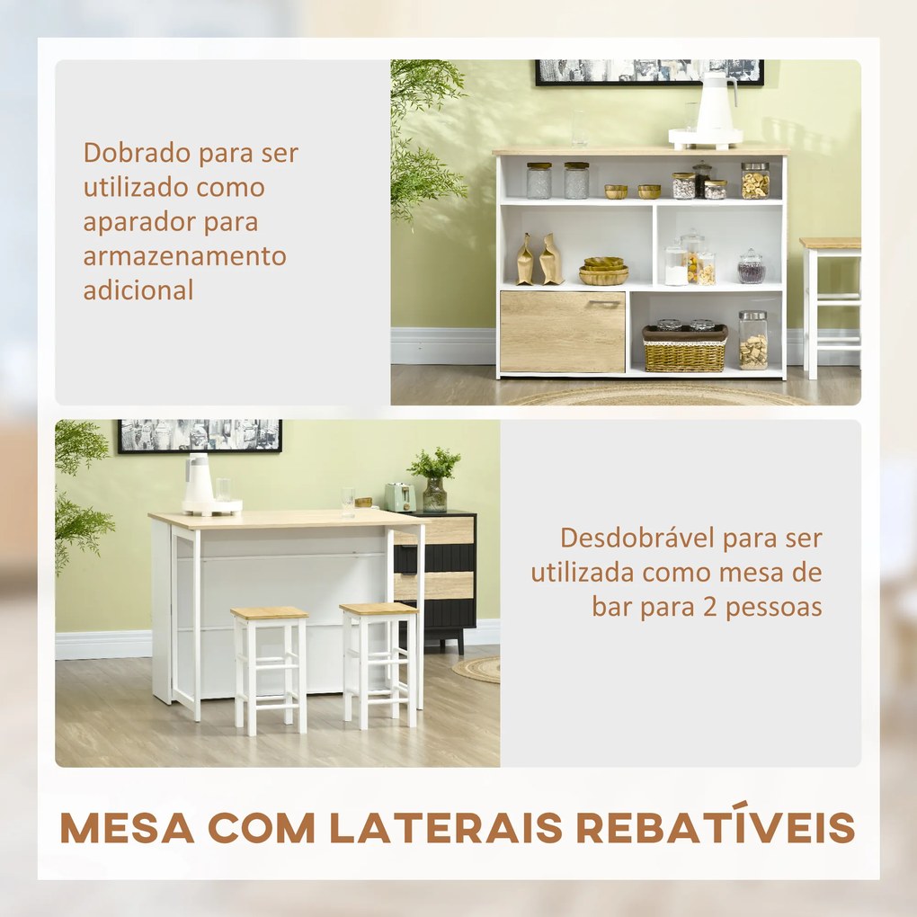 Mesa Alta Extensível com Lateral Dobrável Mesa de Bar com Compartimentos de Armazenamento e 1 Armário 116x79,5x91 cm Branco