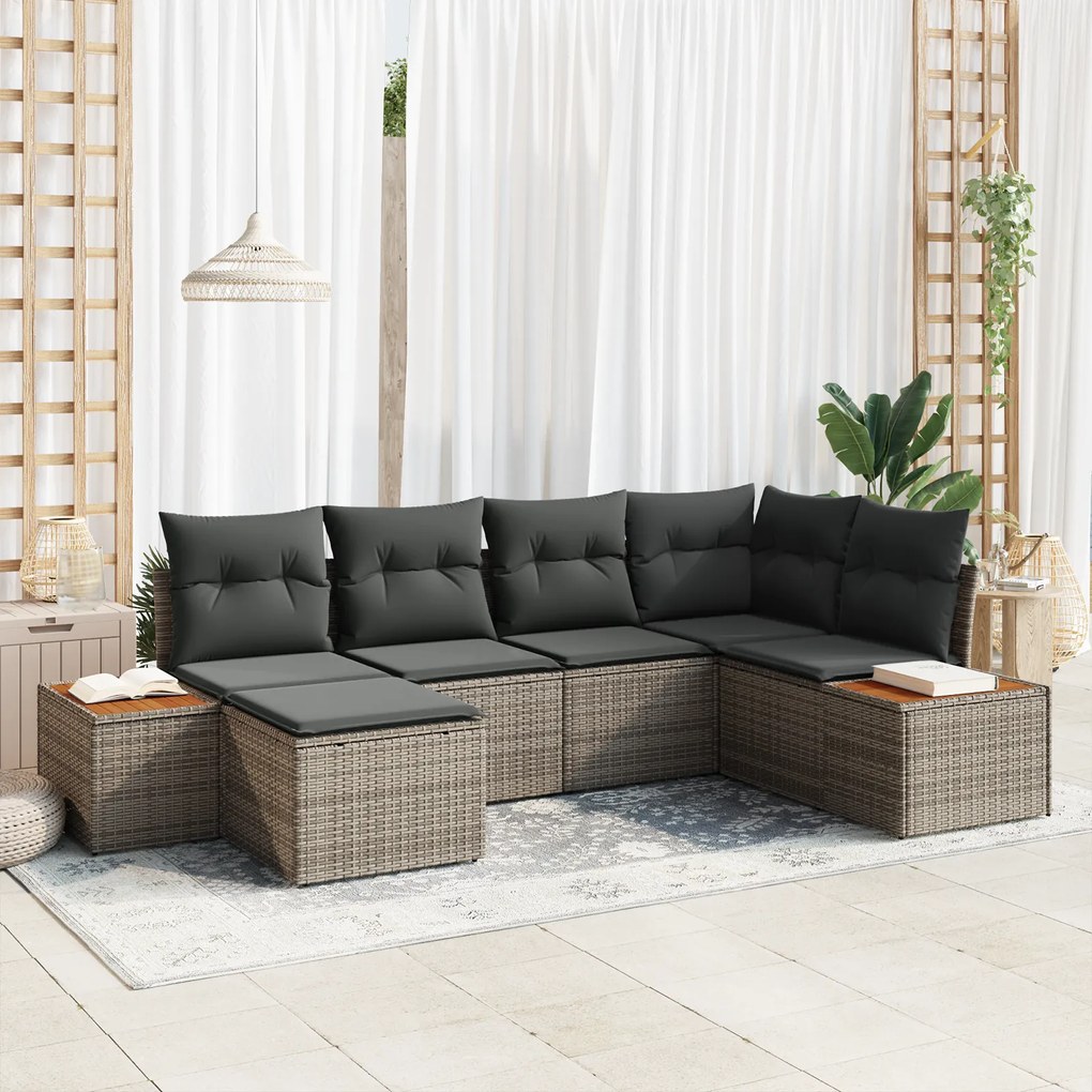 vidaXL Conjunto de Sofás de Jardim de 6 Peças com Almofadas Cinza Rattan de Polietileno e Acácia