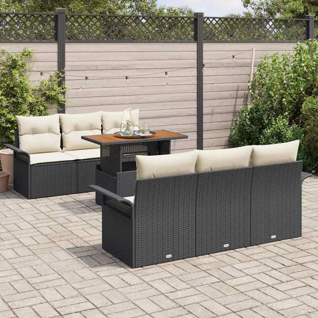 Conjunto de Sofá de Jardim de 7 Peças com Almofadas em Rattan Preto e