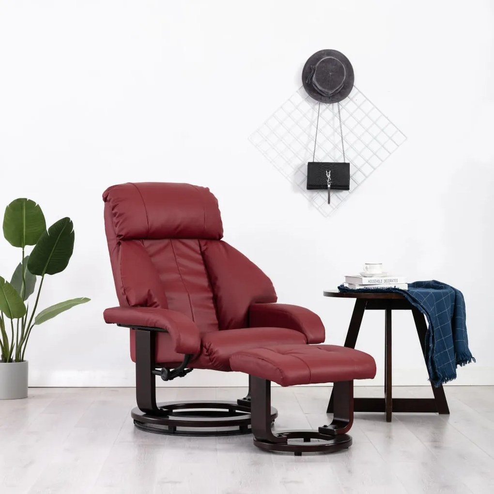vidaXL Cadeira TV reclinável c/ apoio pés couro artif. vermelho tinto