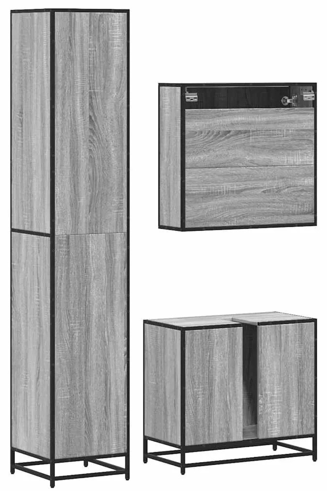 3 pcs Conjunto móveis casa de banho madeira proc. cinza sonoma
