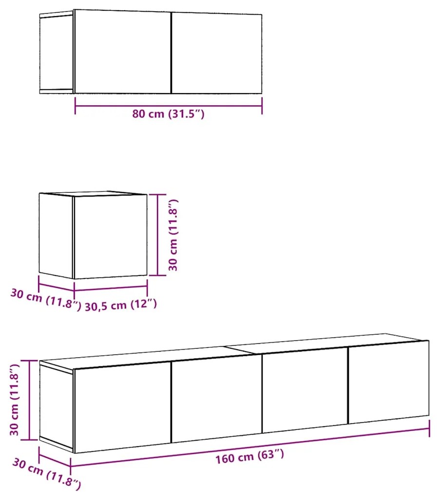 Conjunto de armário TV parede 4 pcs madeira carvalho artisiano