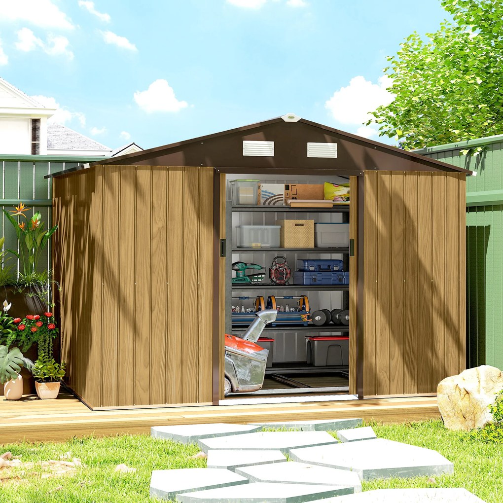 Abrigo de Jardim Exterior 4,9 m² 277x195x192 cm com Porta de Correr Ventilação e Kit de Fundação Castanho