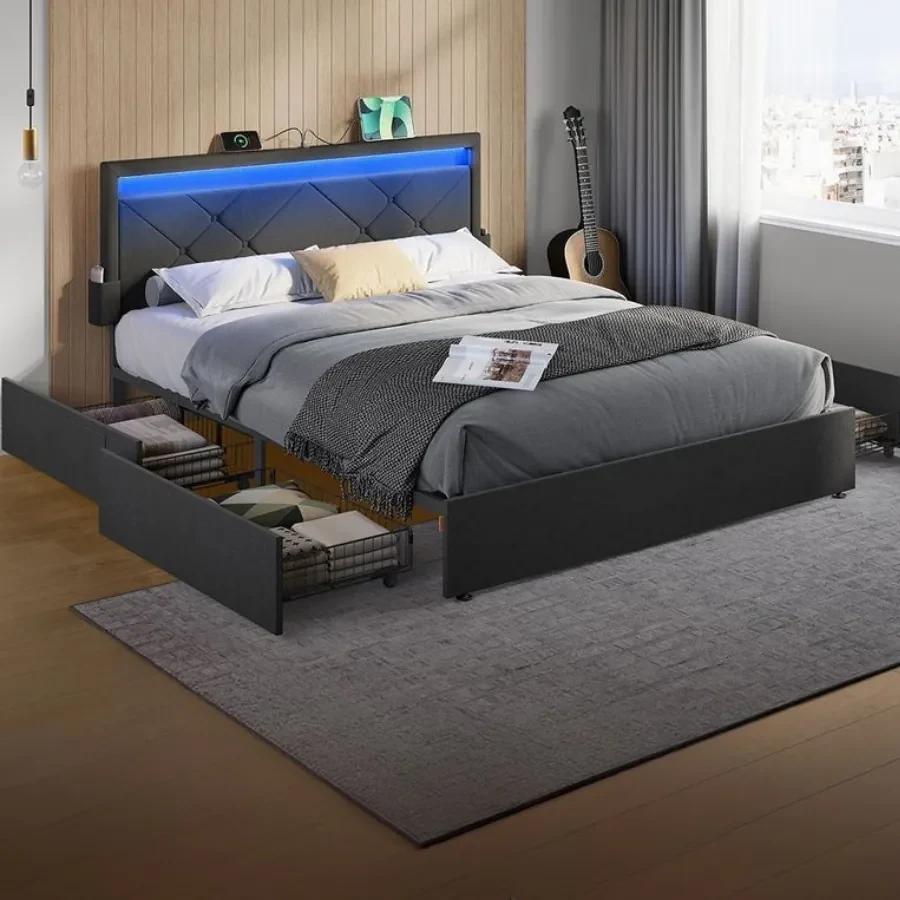 Estrutura de cama de casal 160 x 200 cm com LED e 4 gavetas e estação ...