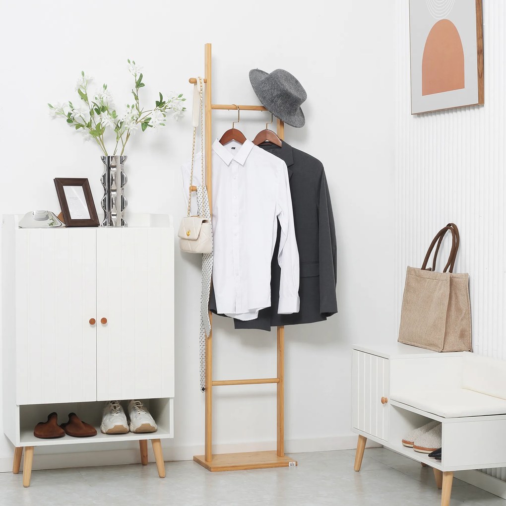 HOMCOM Cabide de Pé de Bambu Cabide de Pé para Roupas com 2 Ganchos e 3 Barras Suspensas para Entrada Corredor Dormitório Estilo Moderno 36x24x168cm Madeira