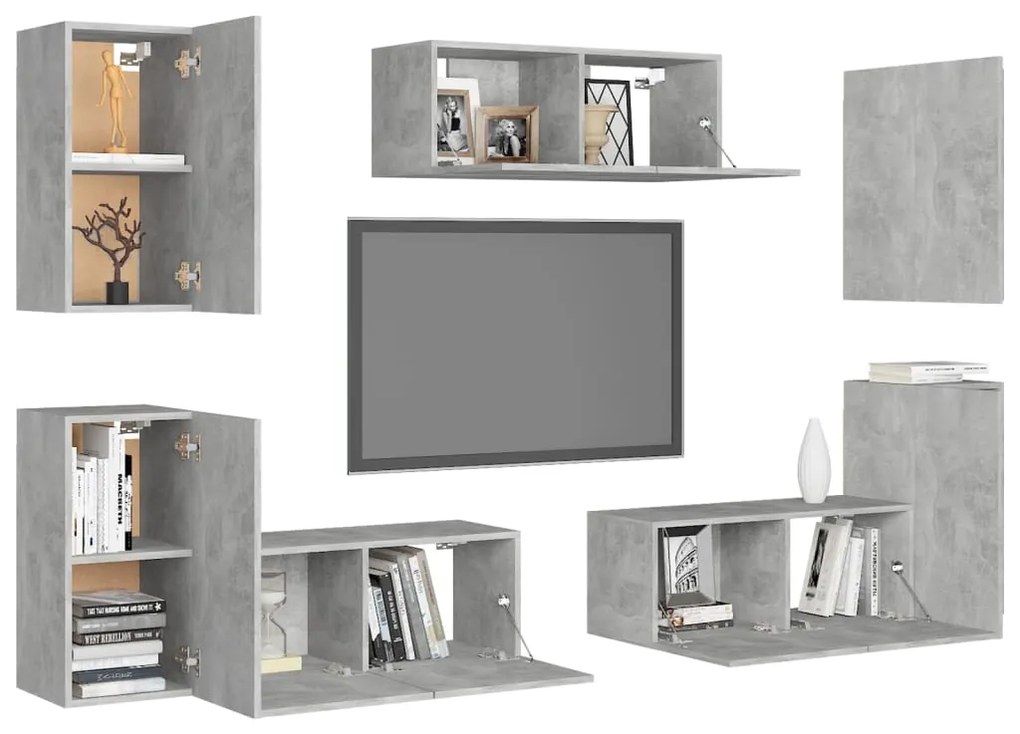 7 pcs conjunto de móveis de TV contraplacado cinzento cimento