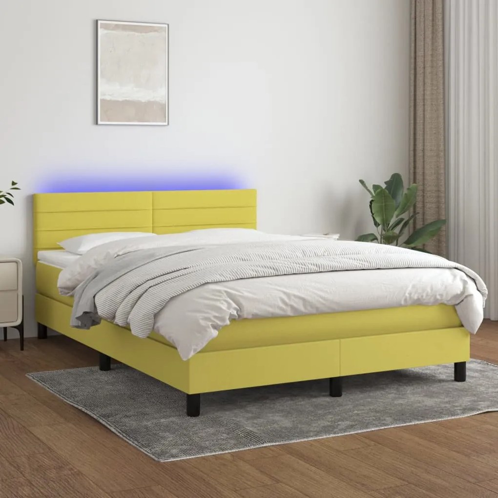 vidaXL Cama box spring c/ colchão e LED 140x200 cm tecido verde