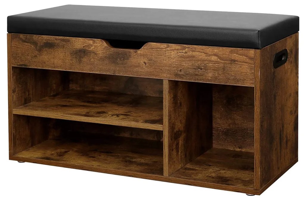 Banco de sapatos VASAGLE com almofada, banco de armazenamento com assento acolchoado, 3 compartimentos, armazenamento oculto, prateleiras, sala de estar, sala de estar, corredor, quarto, capacidade de carga 150 kg, marrom rústico LHS30BX