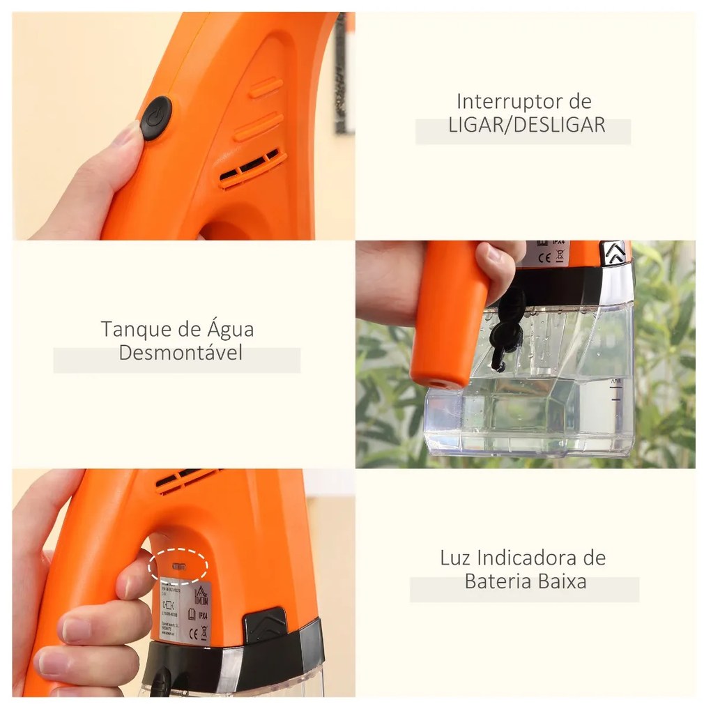 Limpa Vidros Elétrico 2 em 1 Aspirador Limpador de Vidros com Depósito de Água 300ml e Ponta de Borracha Inclui Pulverizador 19,5x12,5x33cm Laranja