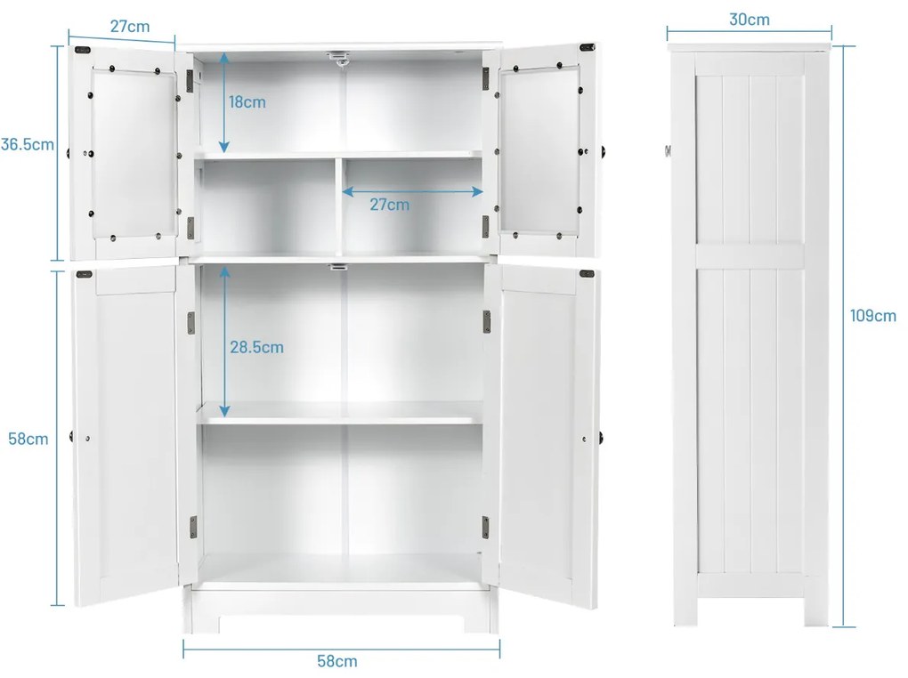 Armário Organizador de Banheiro Cozinha Multiuso Anti-Tombamento com 4 Portas de Vidro Prateleiras Ajustáveis para Sala Cozinha Corredor 58 x 30 x 1