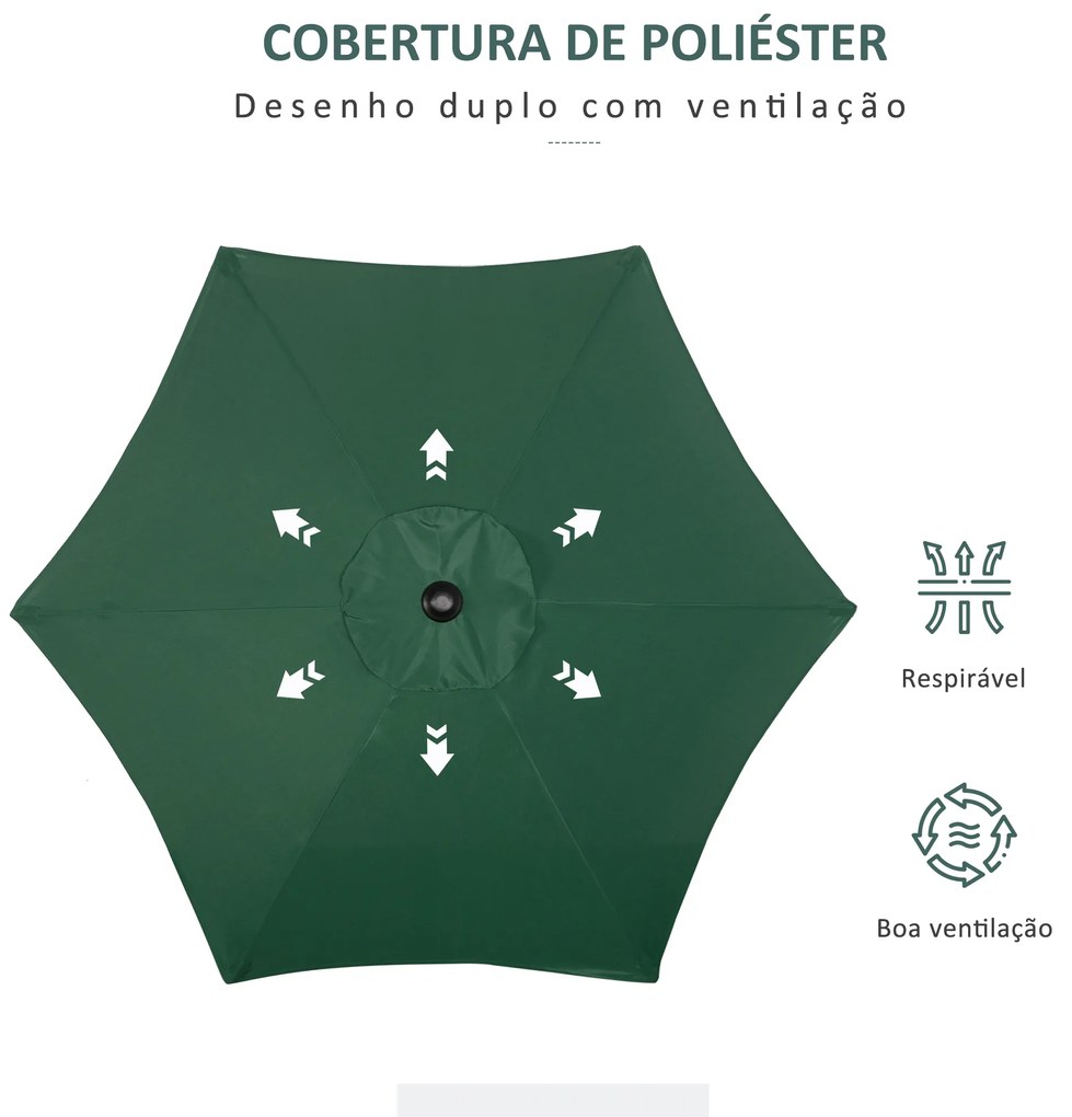 Chapéu de Sol de Jardim Ø2x2 m Chapéu de Sol com Mastro de Alumínio Manivela Teto com Ventilação Verde