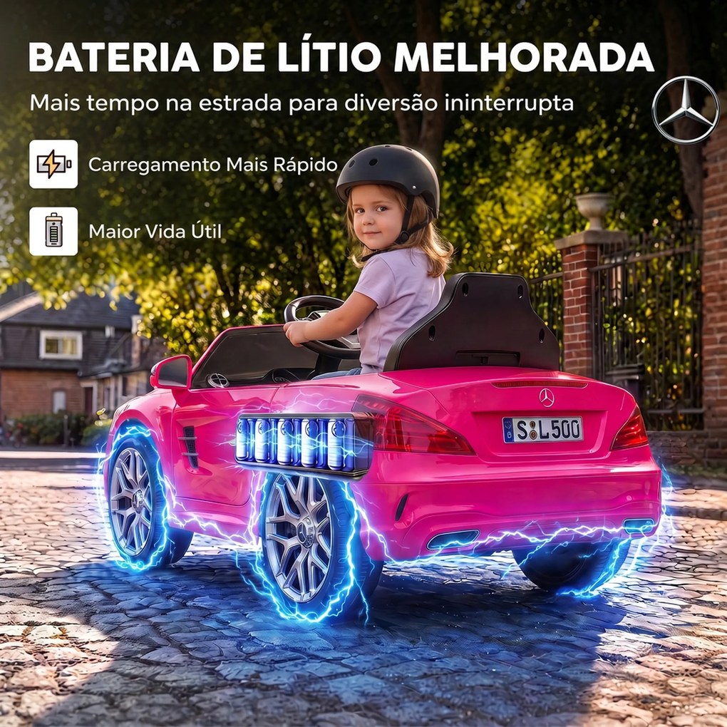 Carro Elétrico Infantil Mercedes-Benz SL500 12 V com Controlo Remoto 2,4 GHz, 2 Motores, Suspensão e Arranque Suave, Rosa