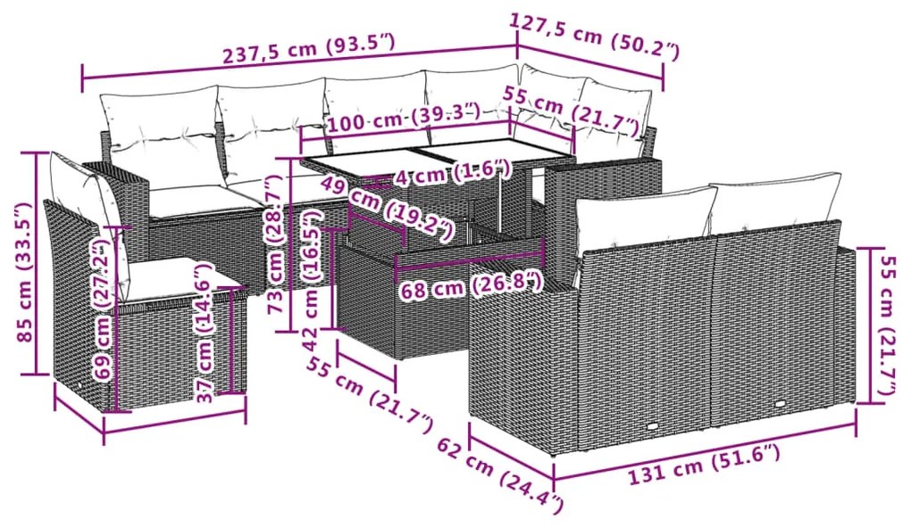 9 pcs conjunto sofás p/ jardim com almofadões vime PE cinzento