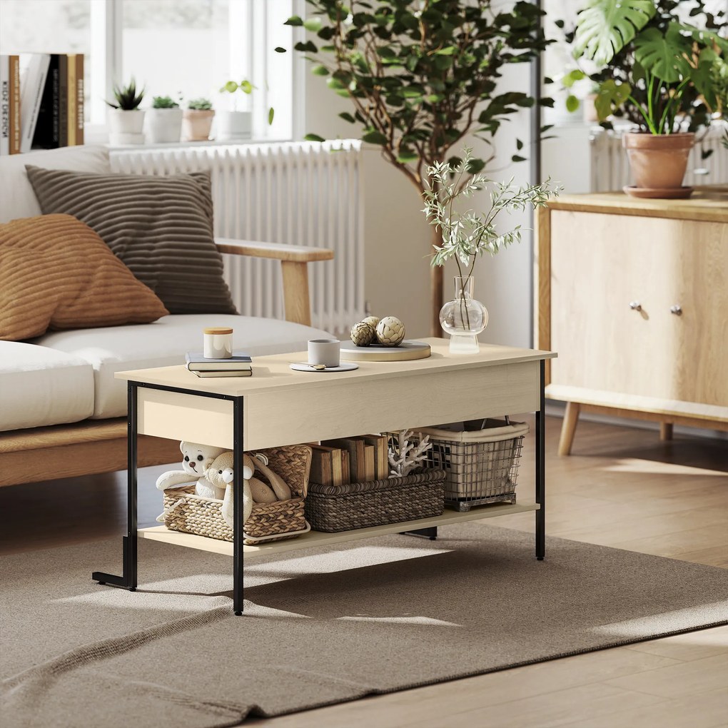 Mesa de centro com tampo elevável, mesa de sala com compartimento oculto e prateleira aberta, 95 x 40 x 59 cm, madeira natural