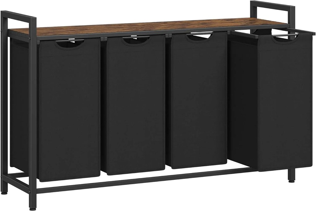 Cesto de roupa suja VASAGLE, cesto de roupa suja com 4 compartimentos, sacos de roupa sujos removíveis, separador de roupa suja, prateleira, estrutura de metal, 4 x 40 L, 116 x 33 x 72 cm, marrom rústico e preto BLH401B01