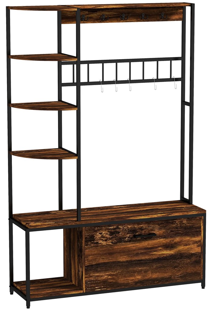 HOMCOM Móvel Cabide de Entrada com Sapateira Móvel de Entrada com Banco Prateleiras e Ganchos  120x35x180 cm Marrom Escuro