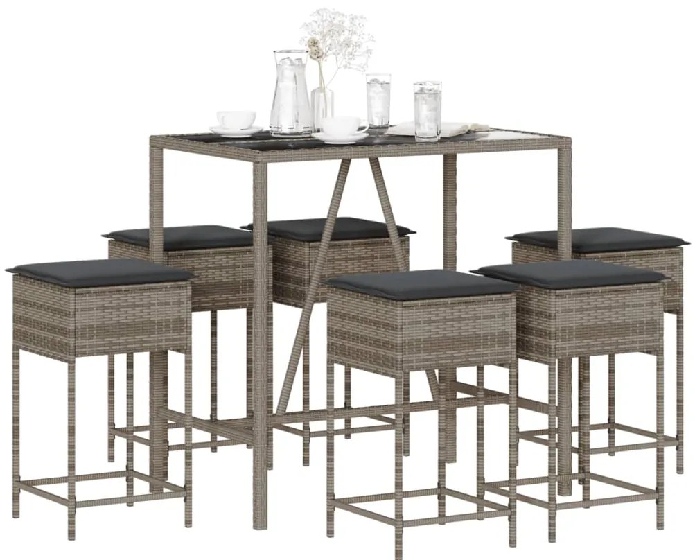 7 pcs conjunto de bar p/ jardim c/ almofadões vime PE cinzento