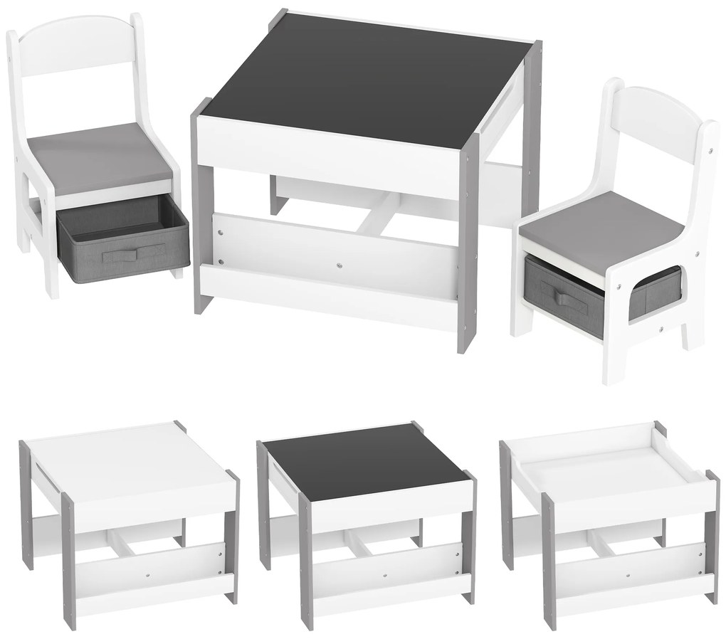 HOMCOM Conjunto de Mesa e 2 Cadeiras Infantis 2 em 1 com Ardósia Gavetas de Tecido e Espaço de Armazenamento para Quarto Cinza