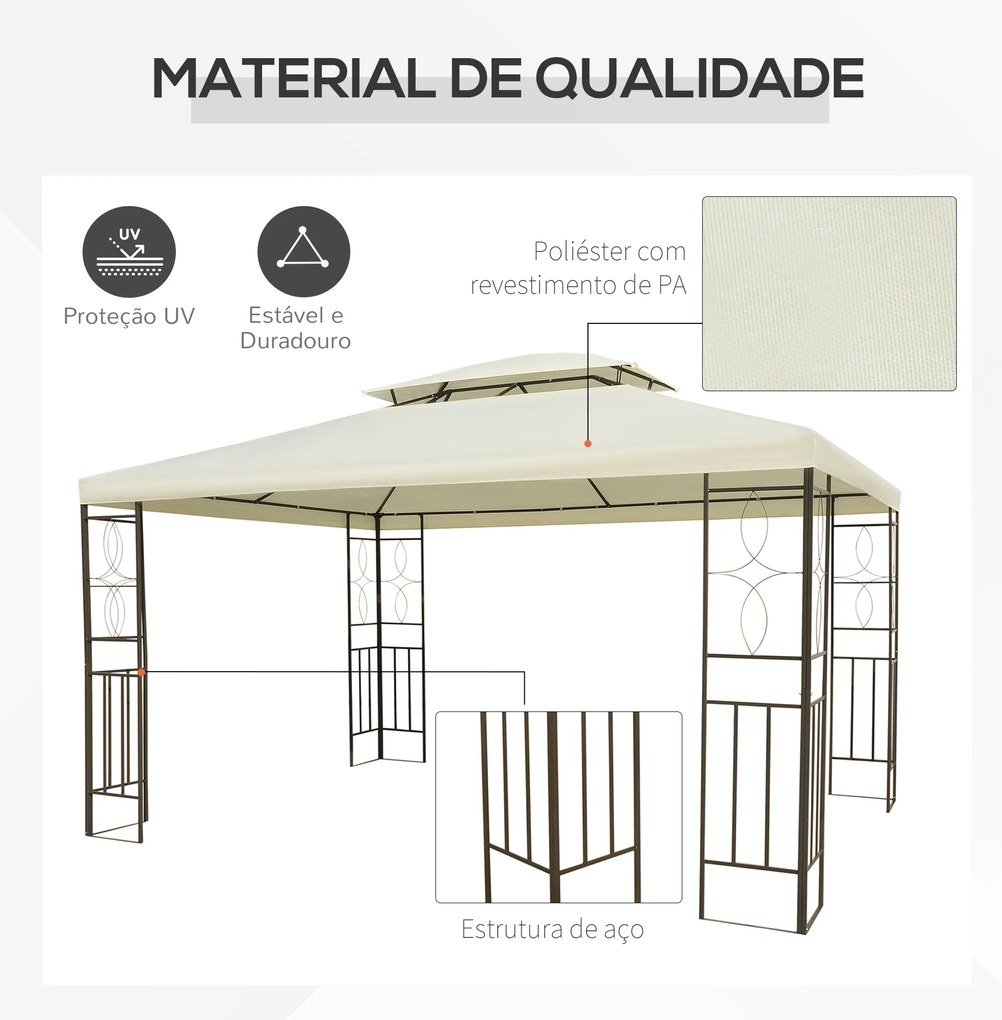 Pérgola de Jardim 4x3 m com Telhado Duplo Estrutura de Aço Anti-UV para Exterior Terraço Pátio Branco Creme