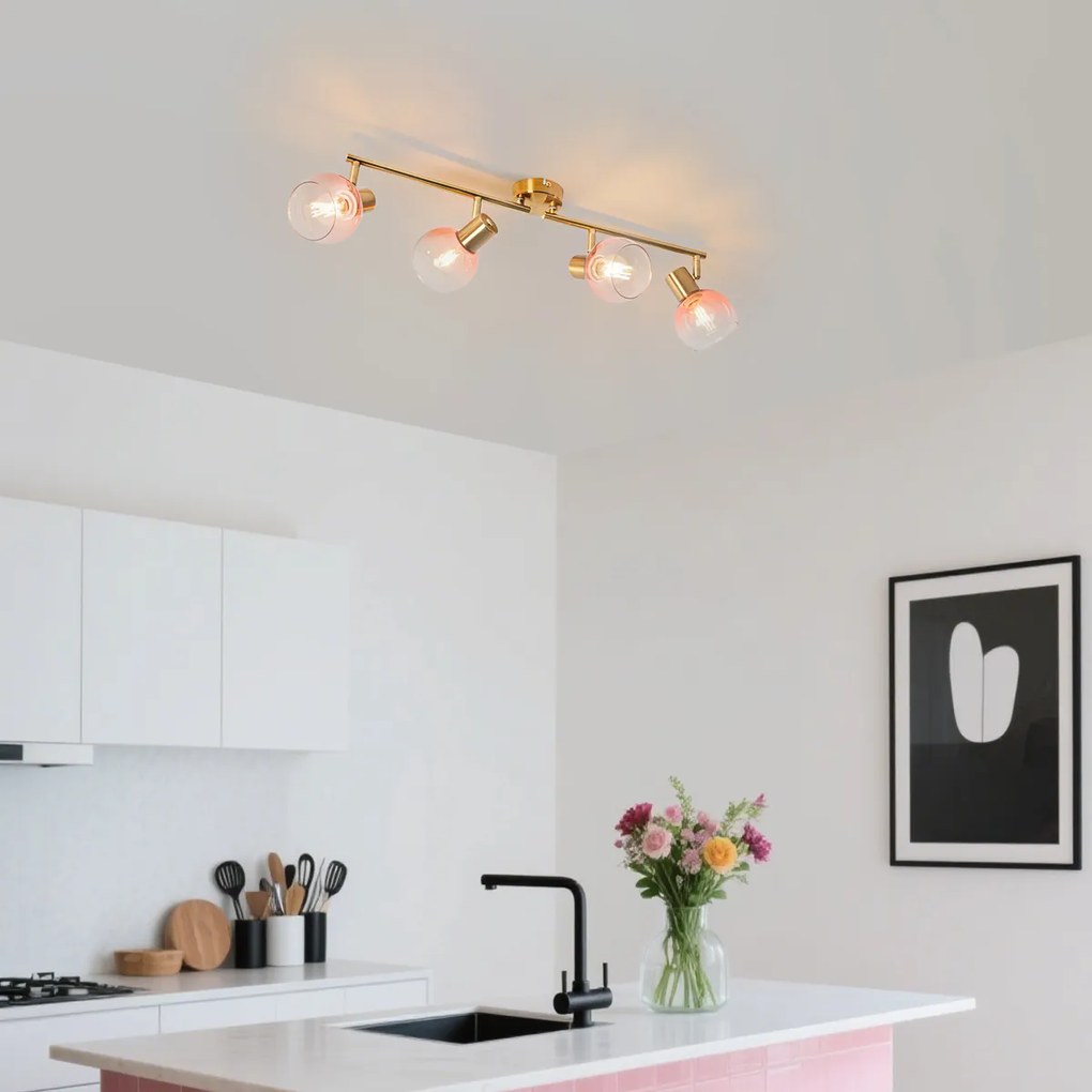 Foco Art Deco dourado com vidro rosa 4 luzes - Vidro