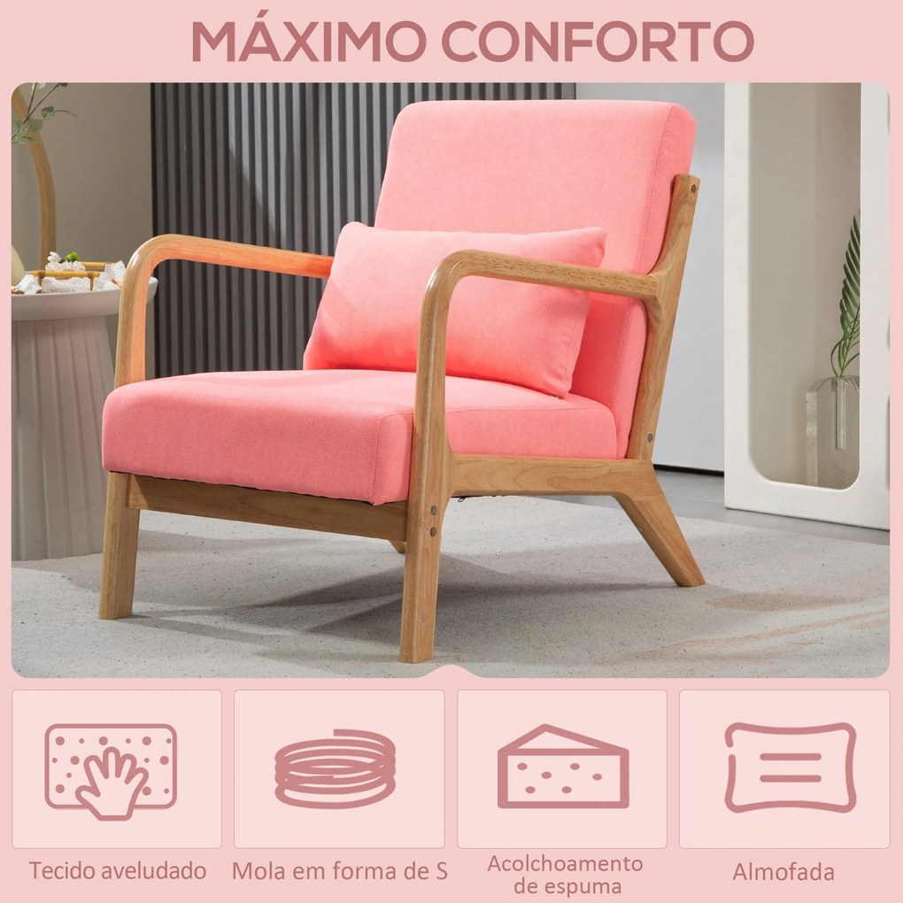 Poltrona Nórdica Acolchoada – Fauteuil Rosé – Rosa e Madeira Natural –