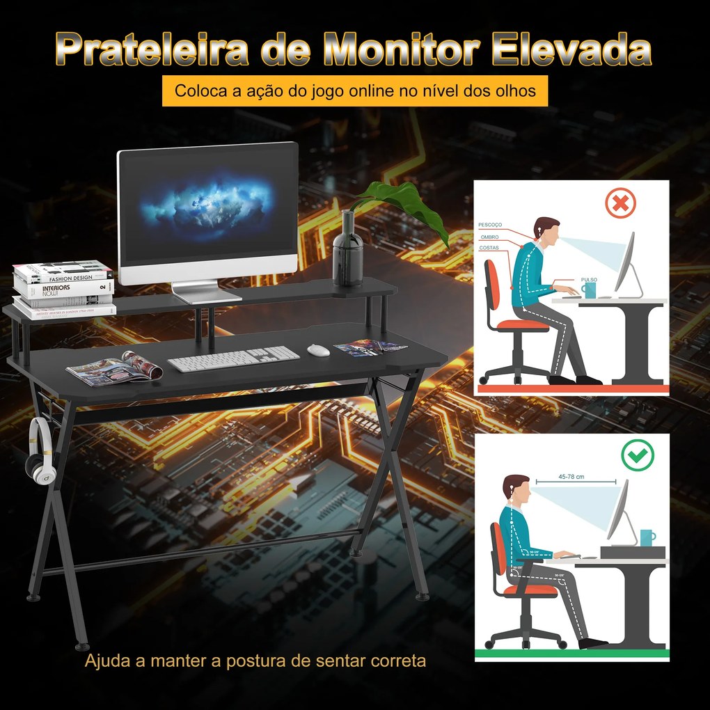 Mesa gaming para jogos secretária com suporte para monitor e fones de ouvido 140x60x90 cm Preto