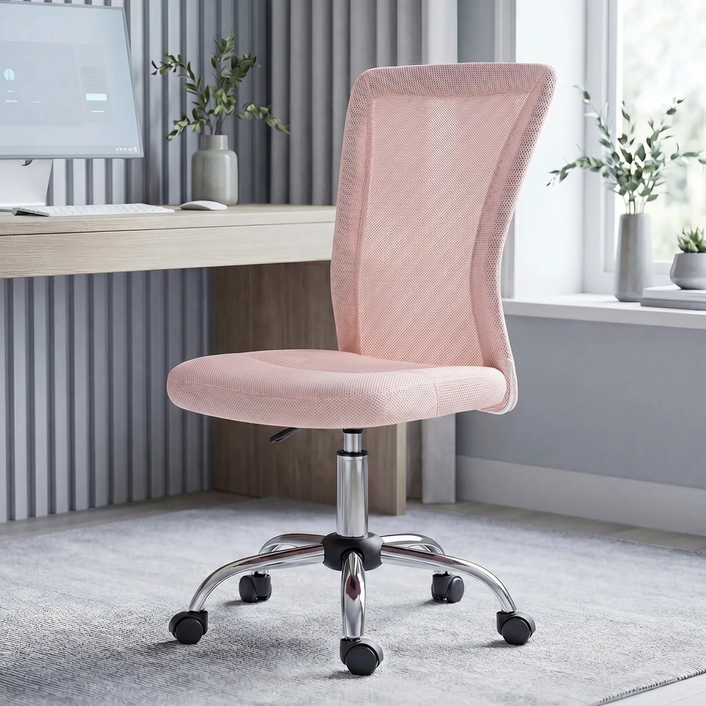 Cadeira de escritório ergonómica, com altura ajustável, base cromada e rotação de 360°, com revestimento em malha rosa