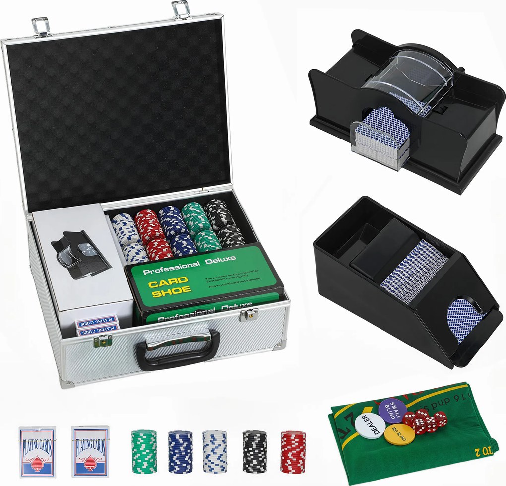 Mala de póquer - Conjunto completo de póquer com 300 fichas, cartas de jogar, dados, crupiê, tapete, chaves, mala em ABS, prata