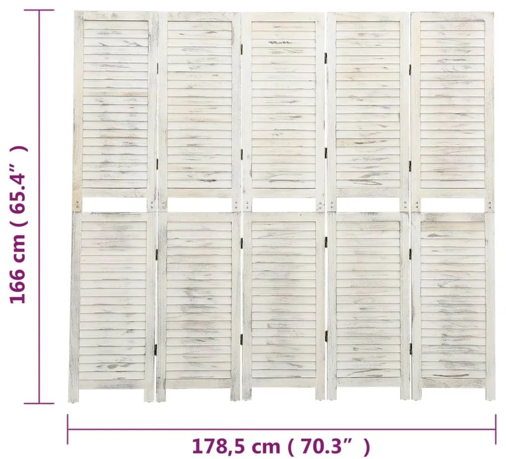 Biombo com 5 painéis 178,5x166 cm madeira branco antigo