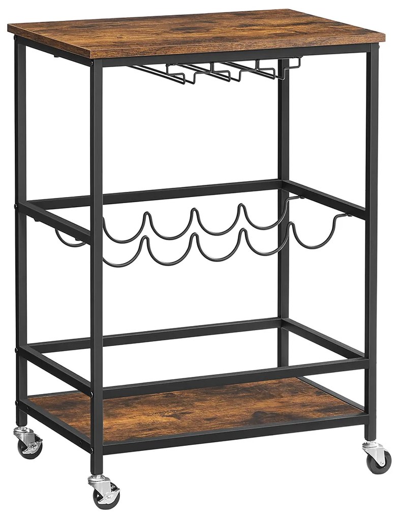 Carrinho de bar com rodas, prateleiras e suportes para garrafas | VASAGLE | 60 x 40 x 82 cm | castanho rústico, preto | LRC087B01.