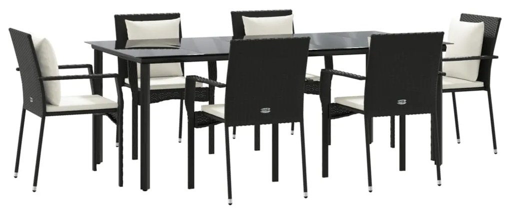 7 pcs conjunto de jantar p/ jardim c/ almofadões vime PE preto